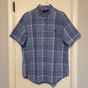 Ralph Lauren Polo Mens S/S Blue Plaid Seersucker Button-Down Shirt Large Pony